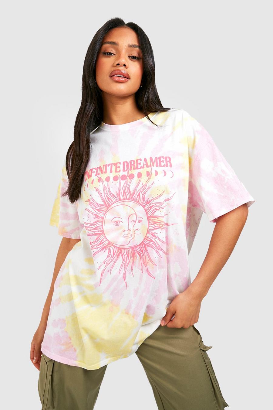 Camiseta oversize con desteñido anudado y estampado celestial, Pink image number 1