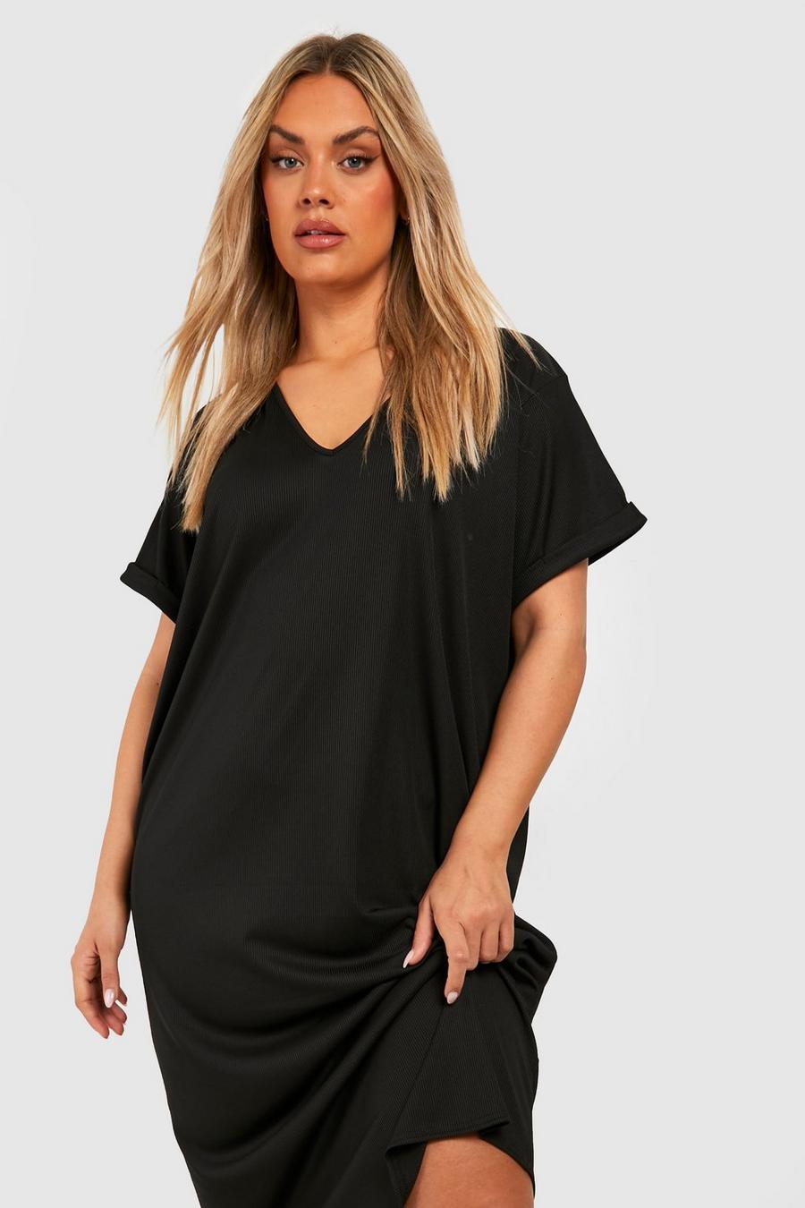 Plus geripptes T-Shirt-Kleid mit V-Ausschnitt, Black image number 1