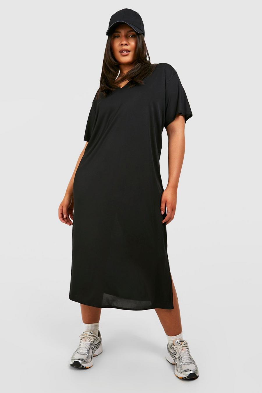 Black Plus Rib V Neck Split Midi T-shirt Dress