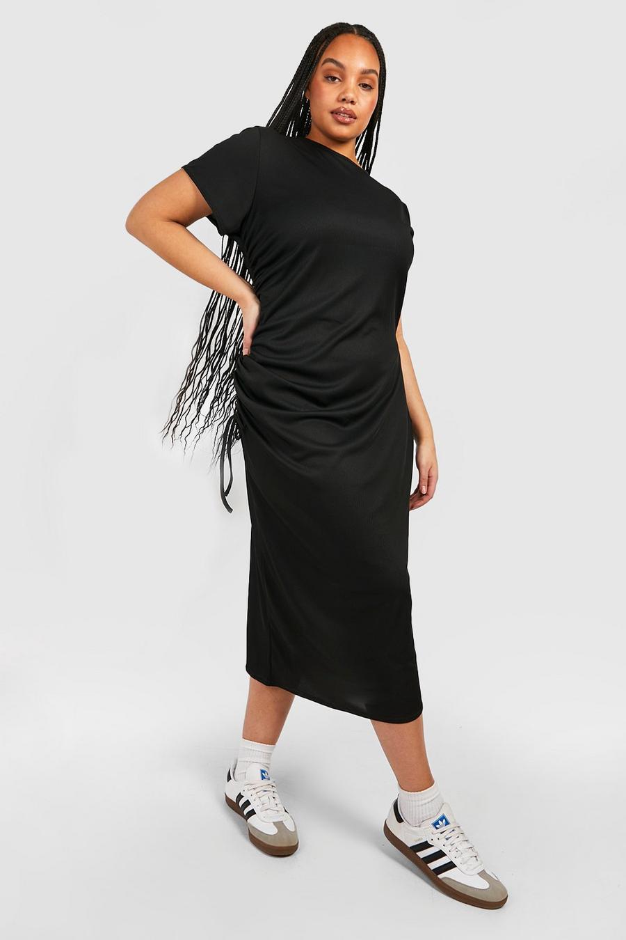 Black Plus Rib Ruched Midi T-shirt Dress