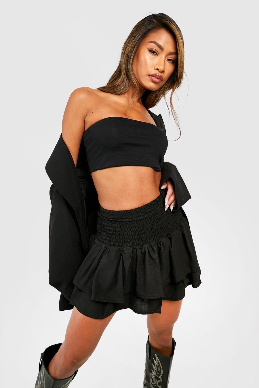 Black Woven Shirred Rara Mini Skirt