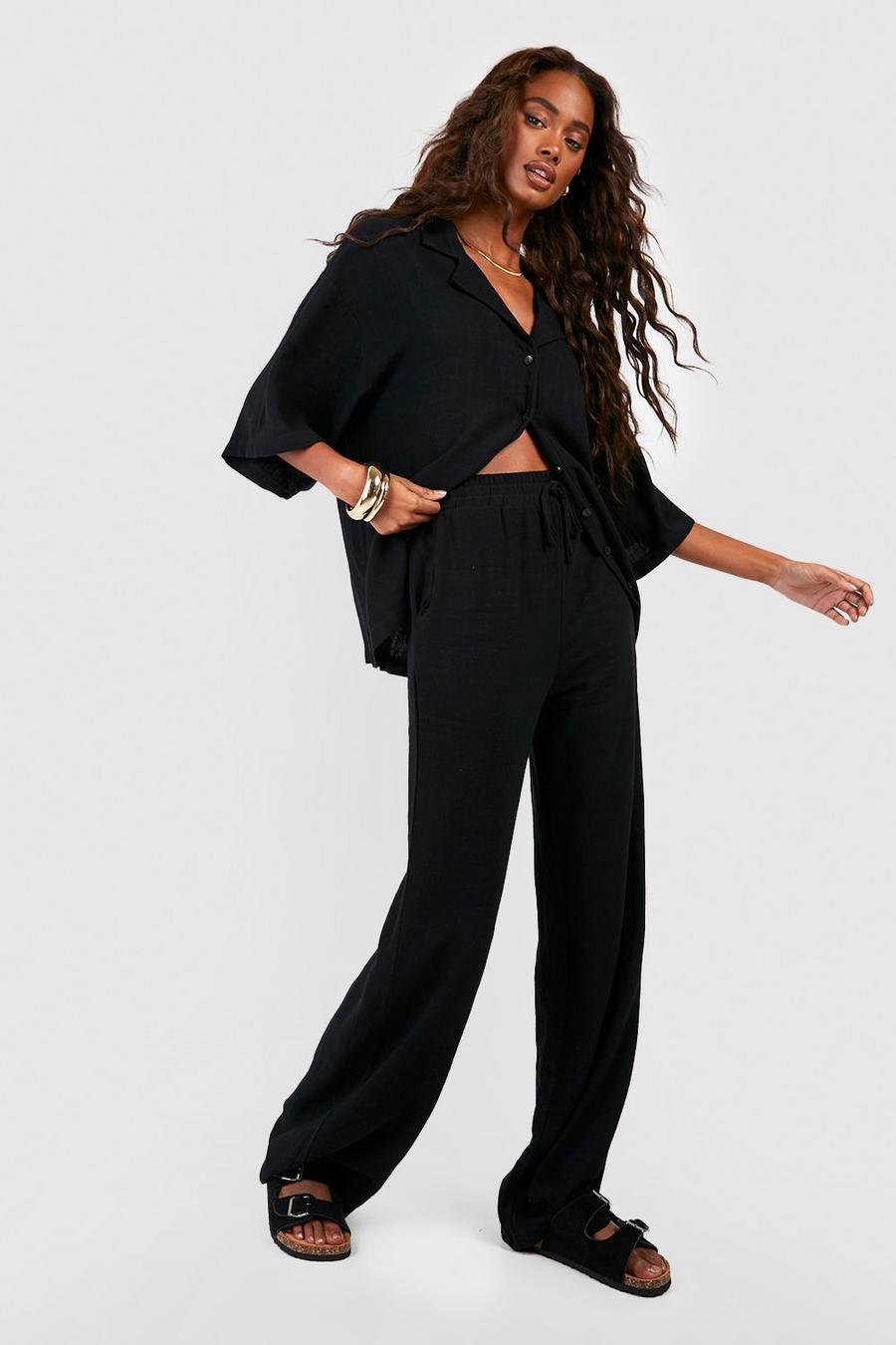 Black Linen Mix Relaxed Fit Wide Leg Pants image number 1