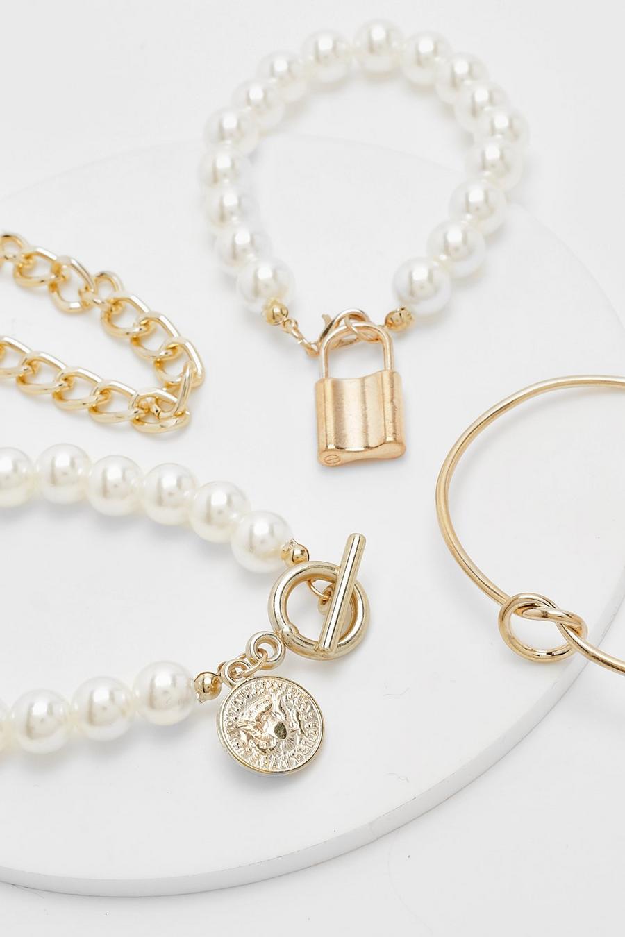 Multipaquete de pulseras con candado y perlas, Gold