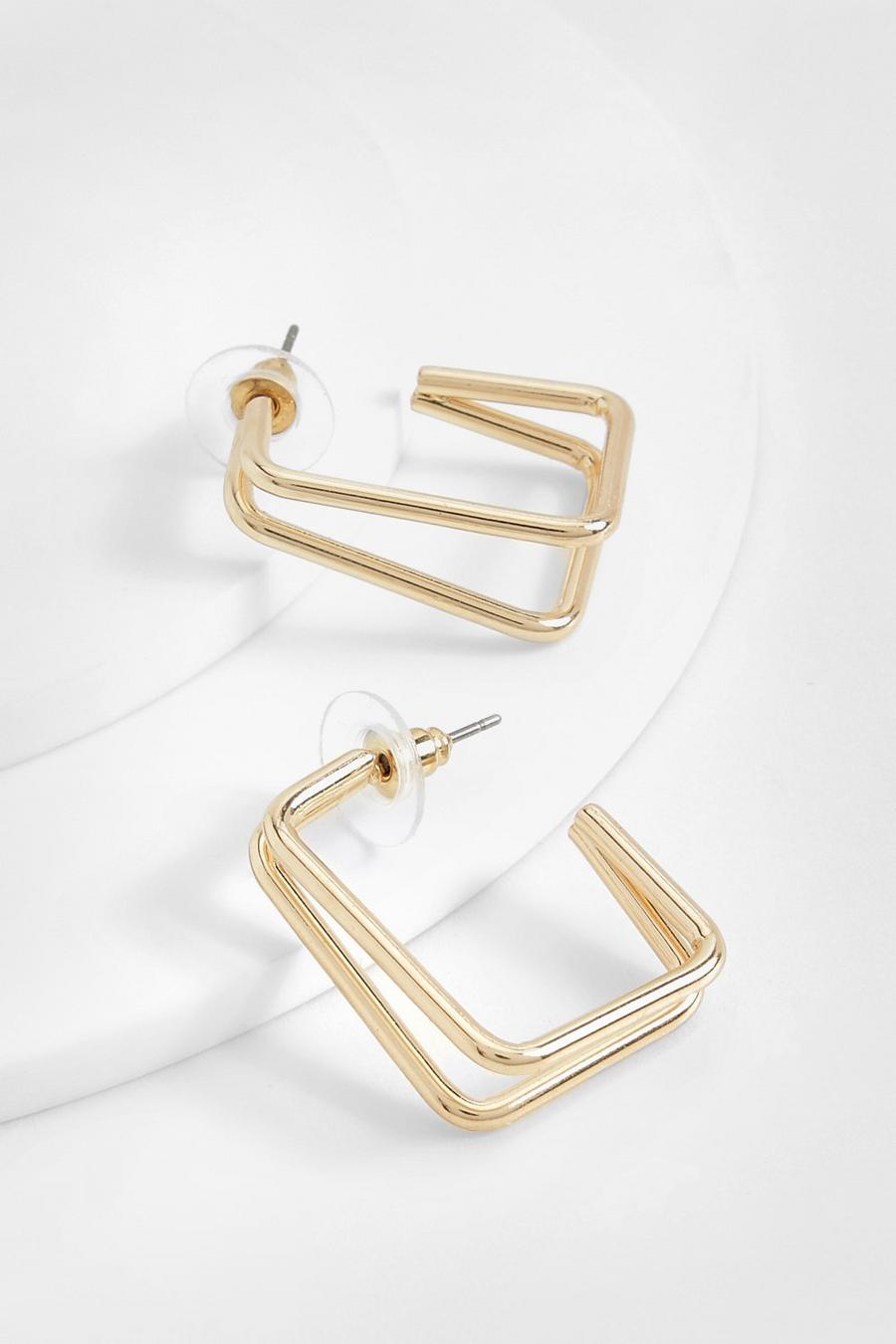 Gold Polished Square Double Row Hoop Earrings
