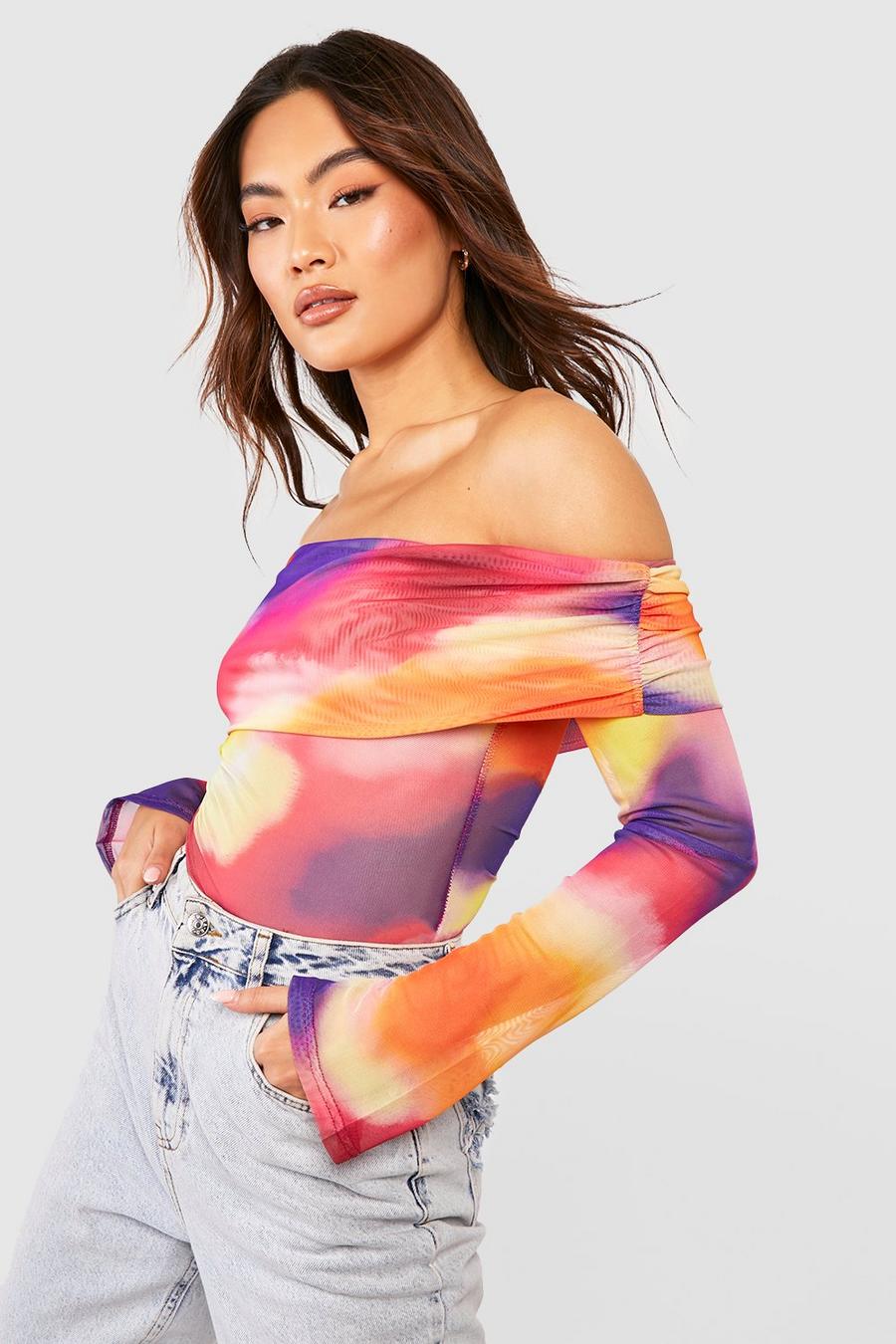 Orange Abstract Print Mesh Off The Shoulder Flared Cuff Top