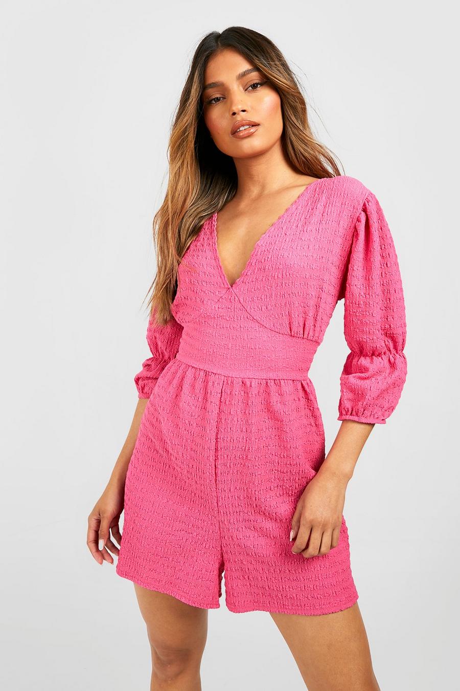 Hot pink Textured Puff Sleeve Playsuit