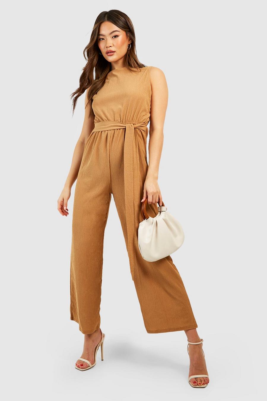 Stone Culotte Belted Textured Jumpsuit