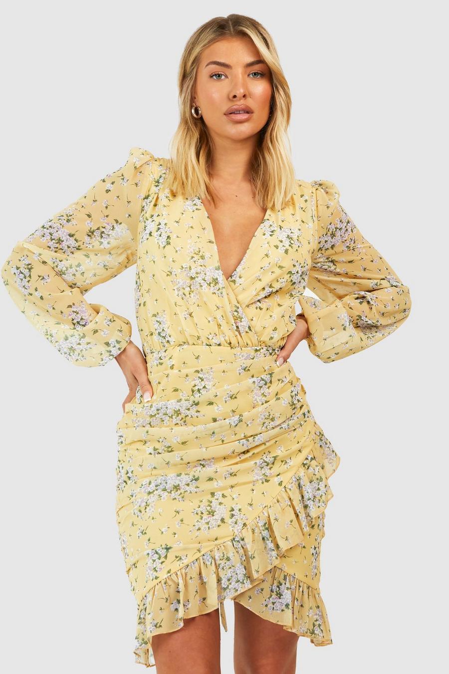 Yellow Floral Chiffon Rouched Mini Dress image number 1