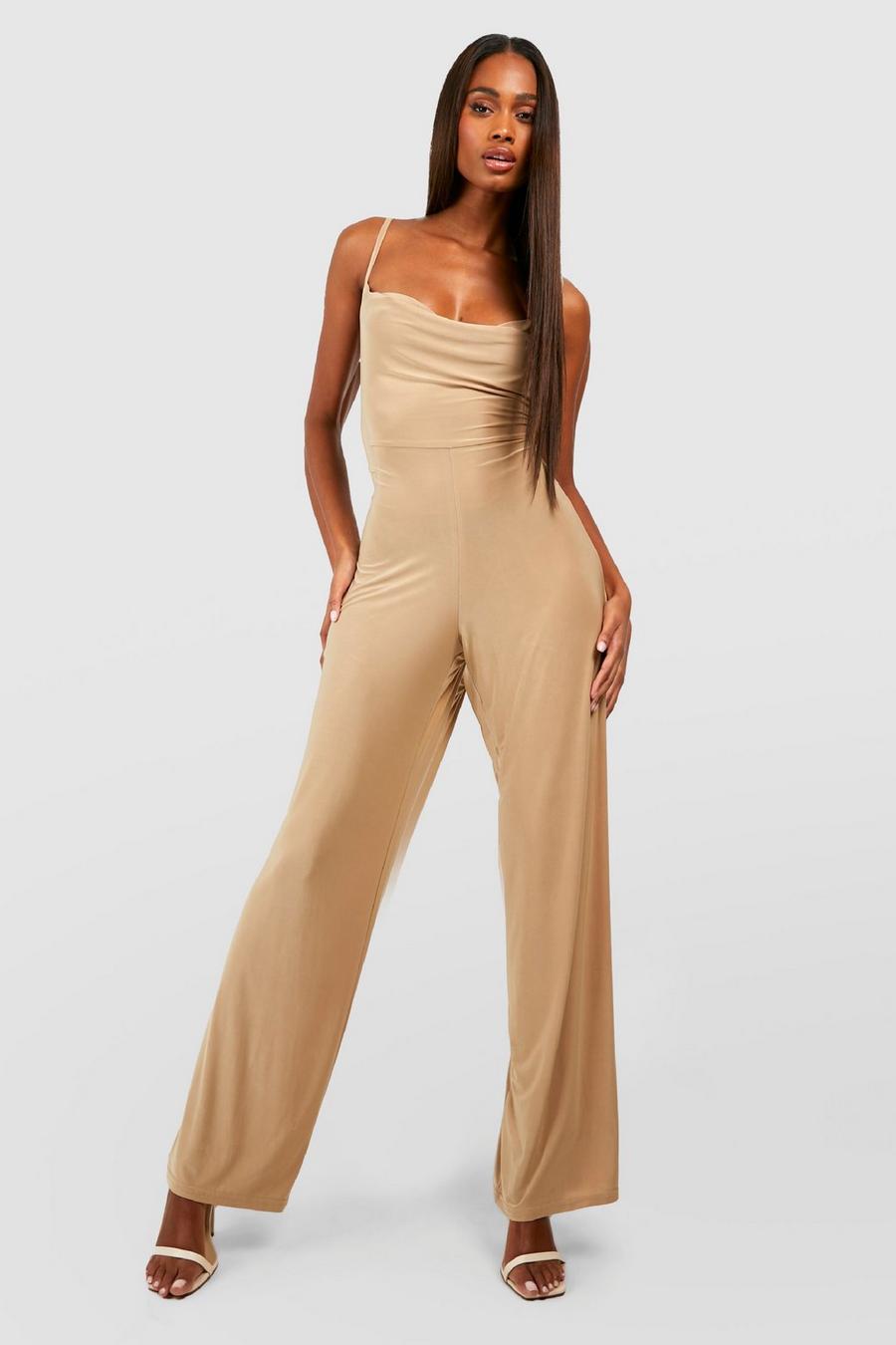Stone Premium Heavy Weight Slinky Cowl Neck Strappy Jumpsuit