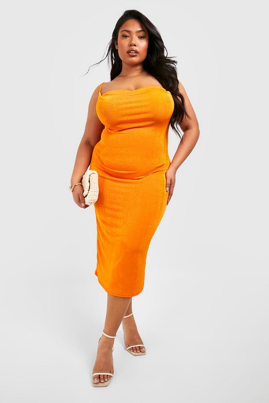 Orange Plus Strakke Acetate Midi Jurk Met Waterval Hals