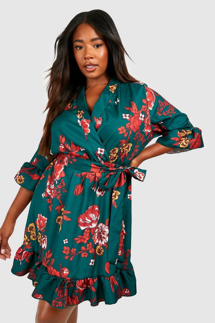 Green Plus Floral Wrap Belted Dress