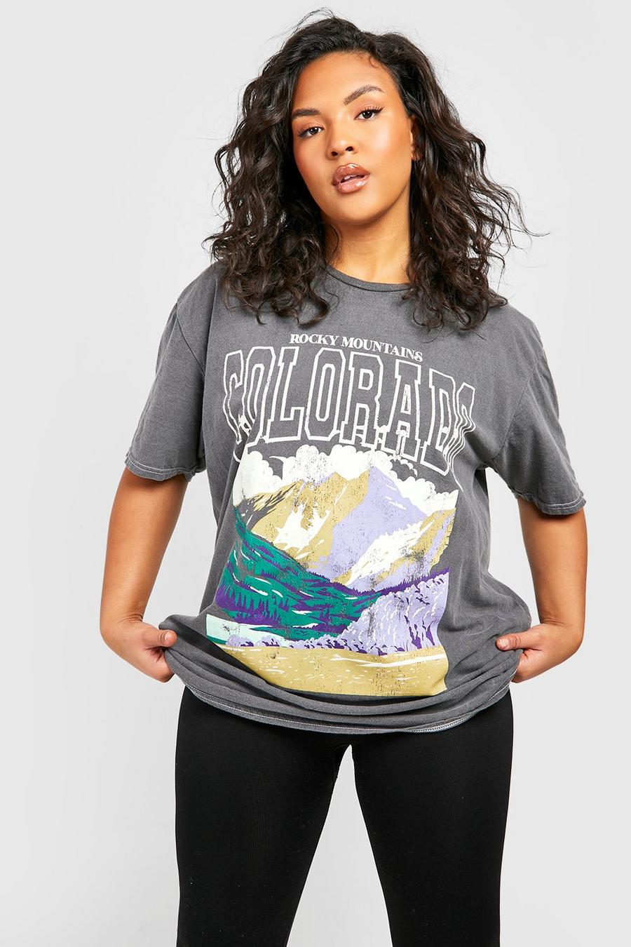 Grande taille - T-shirt oversize délavé à slogan Colorado, Charcoal