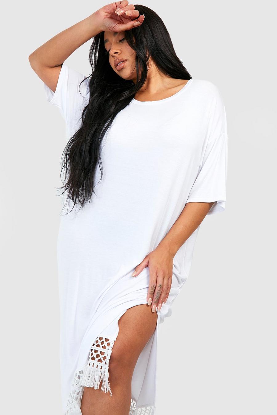 White Plus Crochet Tassel Hem Midi Beach Dress