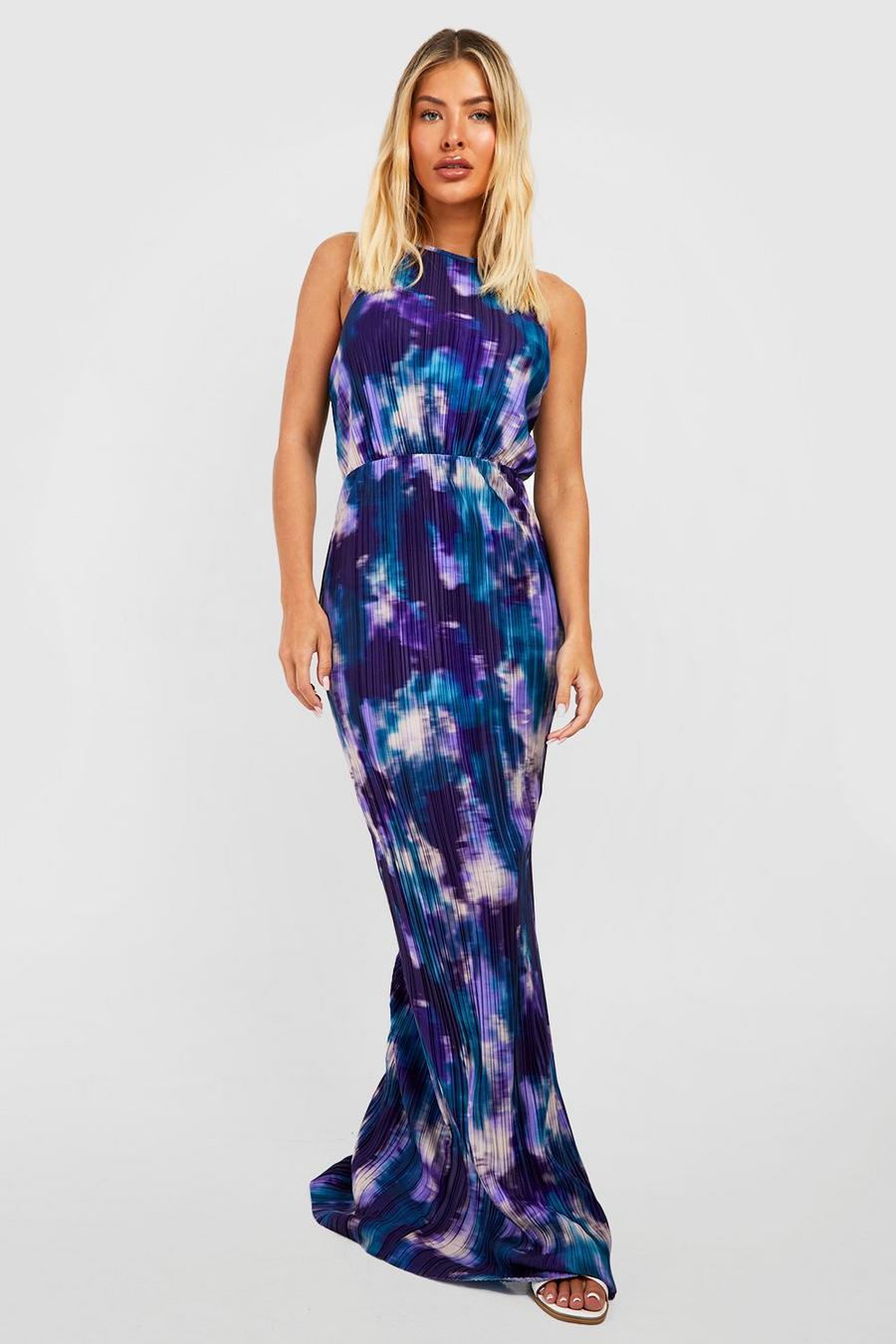 Purple Abstract Plisse Halter Maxi Dress