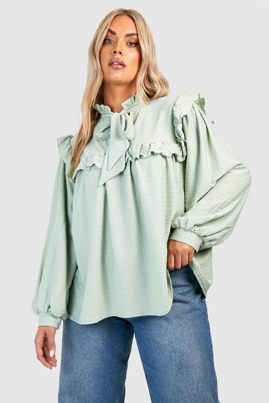 Sage Plus Pussybow Crinkle Blouse 
