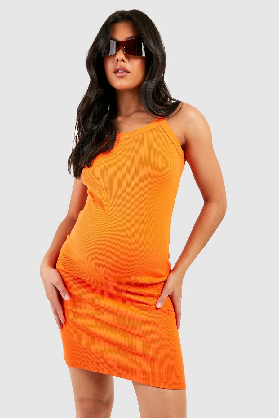 Orange Premium Ribbad kort gravidklänning med smala axelband