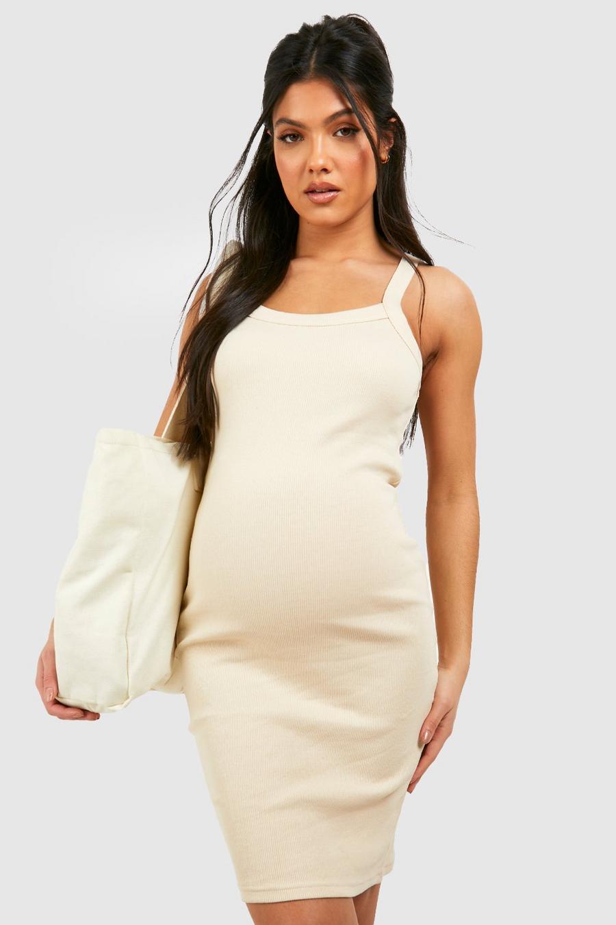 Stone Premium Ribbad kort gravidklänning med smala axelband