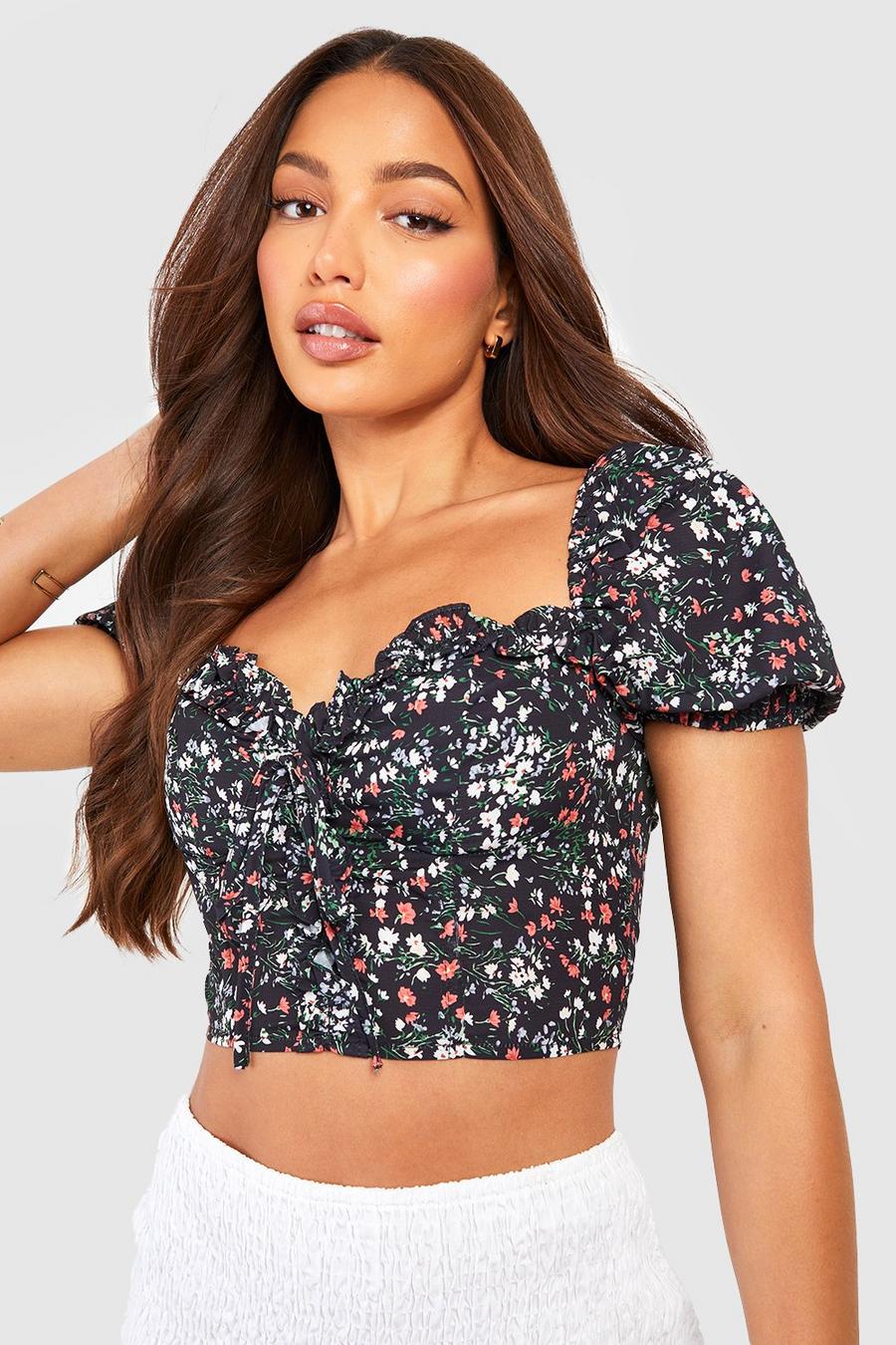 Black Tall Floral Lace Up Corset Style Crop Top
