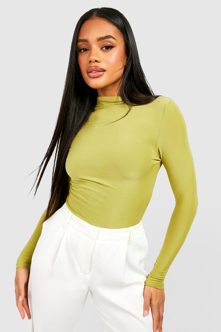 Olive Double Layer Slinky Funnel Neck Long Sleeve Top