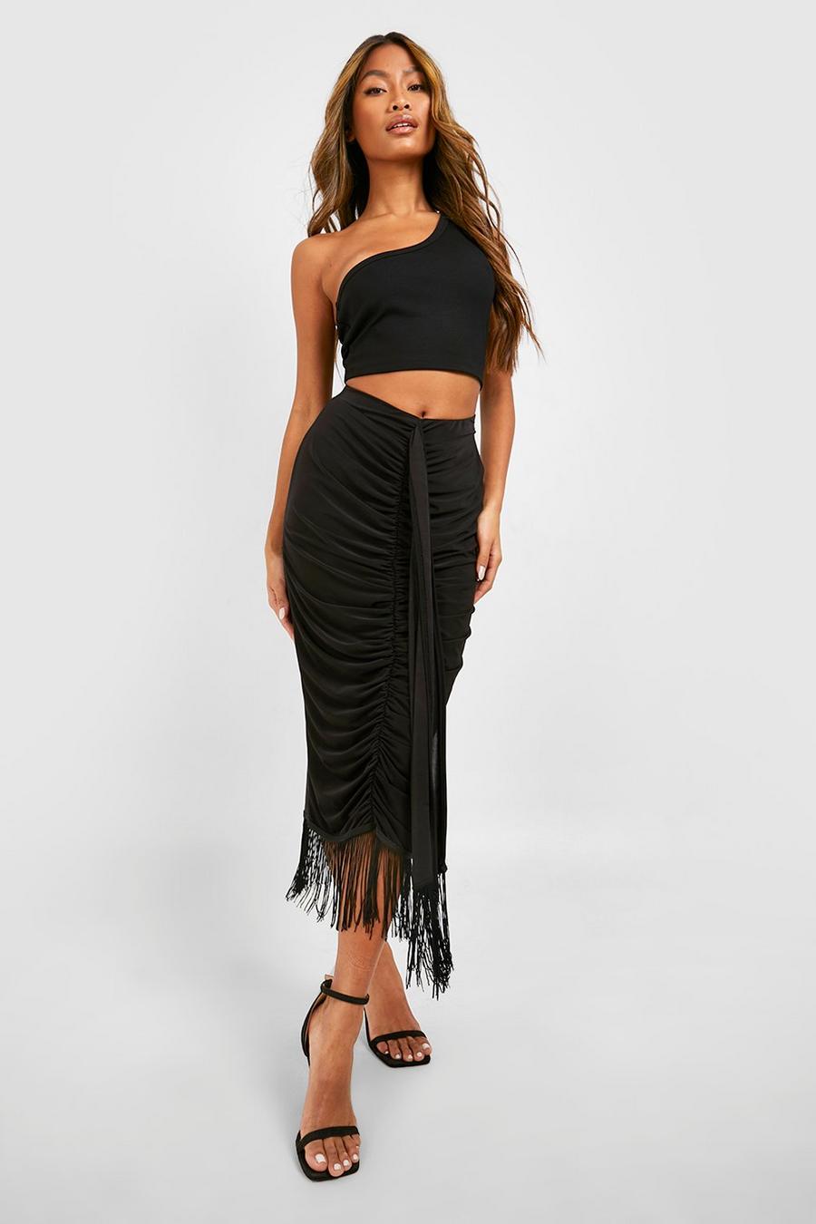 Black Tassel Ruched Slinky Midi Skirt