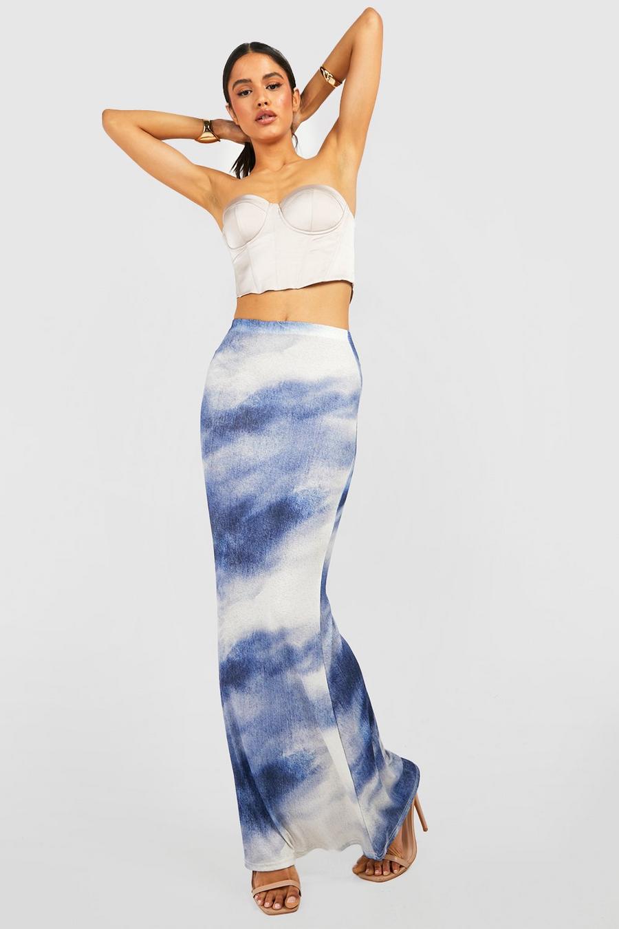 Blue Gedrapeerde Tie Dye Maxi Slip Skirt