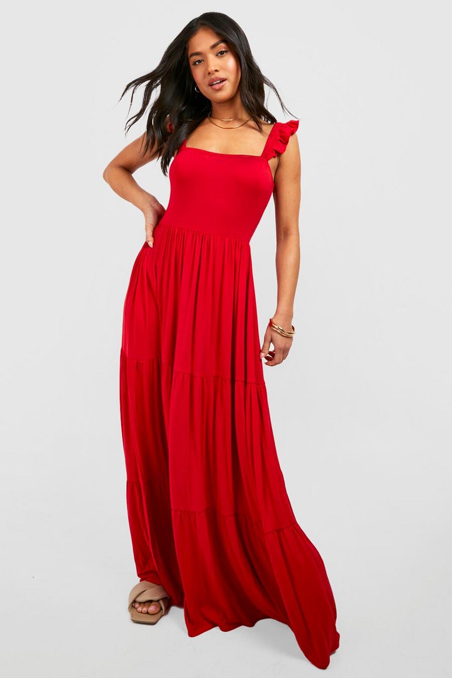 Red Petite Square Neck Ruffle Shoulder Maxi Dress