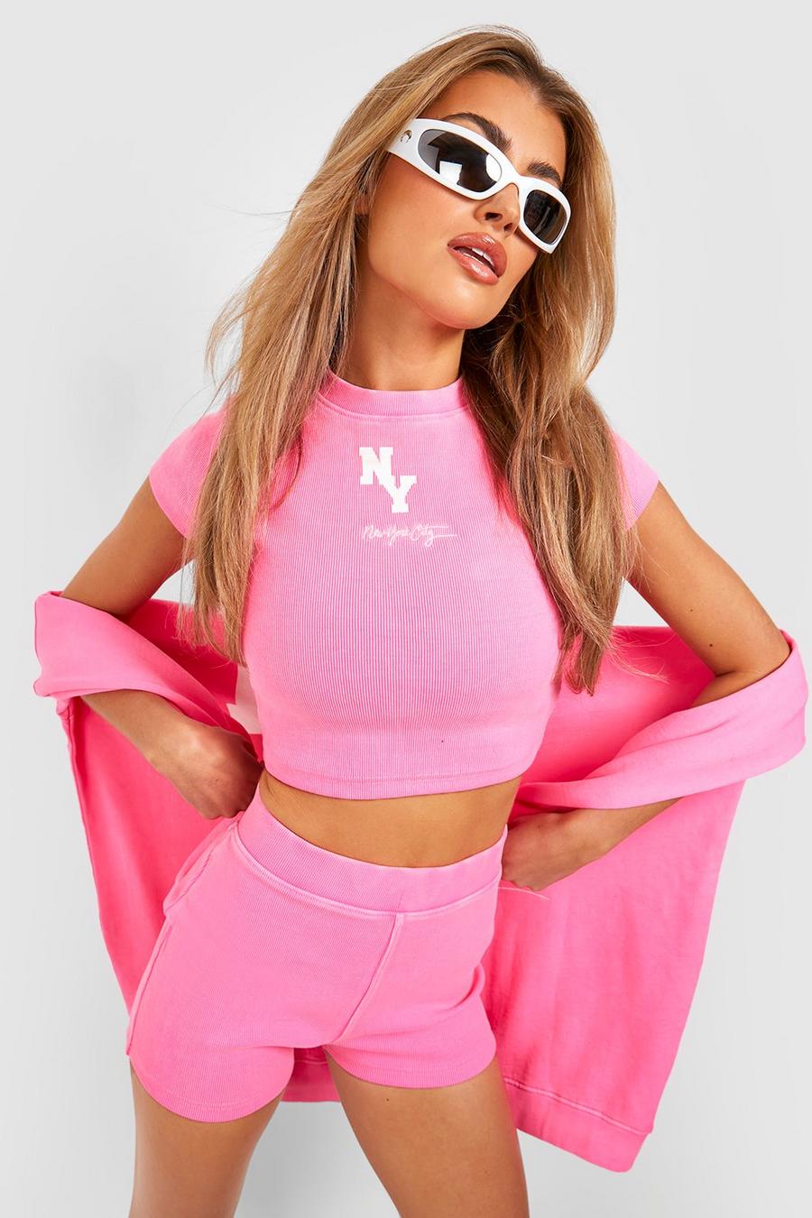 Neon-pink Premium Ribbad crop top med slogan