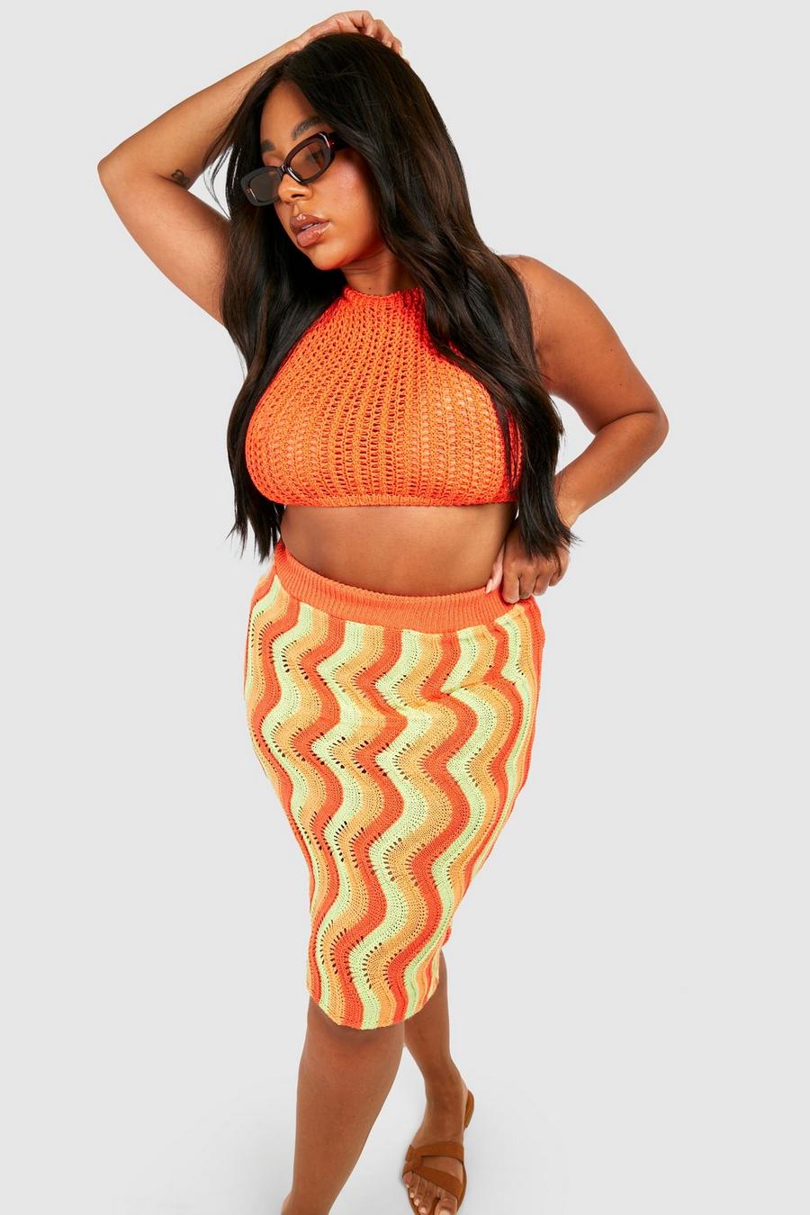 Orange Plus Wave Detail Crochet Midi Skirt