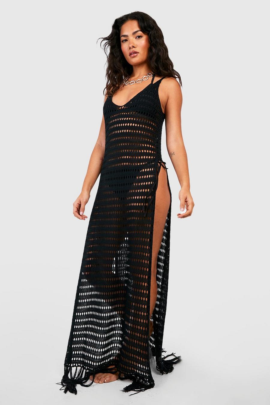 Black Crochet Tassel Split Maxi Beach Dress image number 1