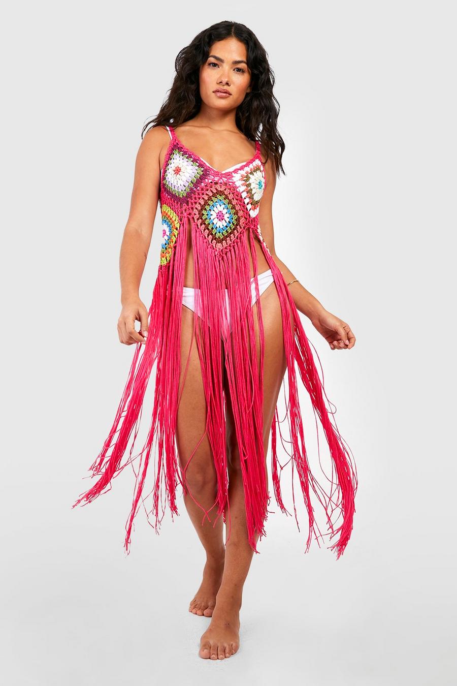 Bright pink Crochet Patchwork Fringe Hem Beach Cover Up