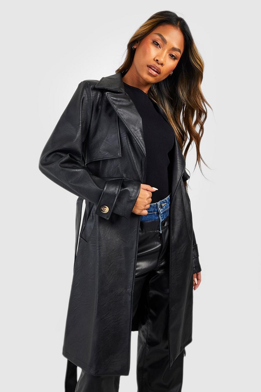 Black Belted Short Faux Leather Trench Coat