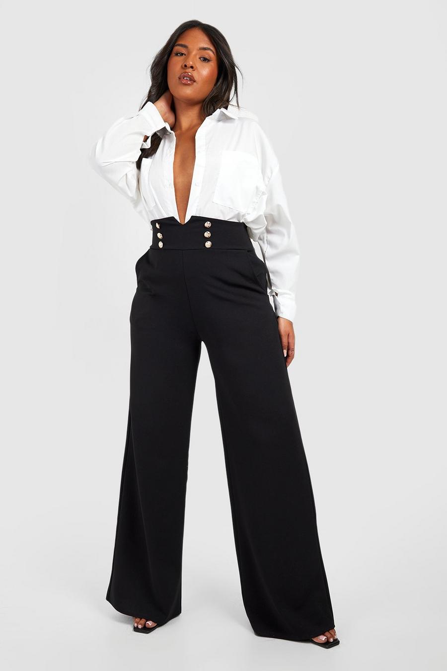 Black Plus Button High Waisted Wide Leg Trousers 