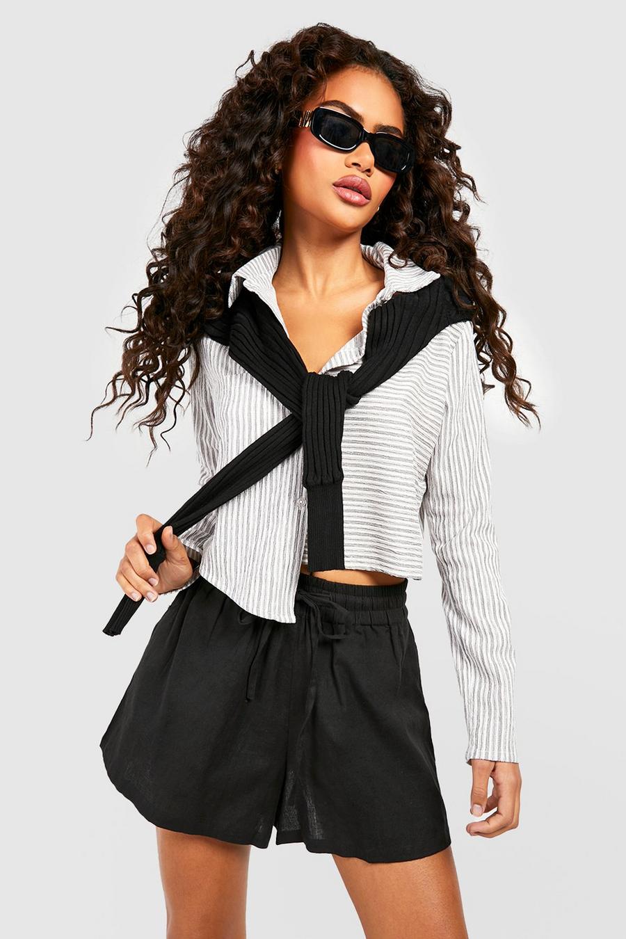 Black Asymmetric Hem Stripe Crop Shirt