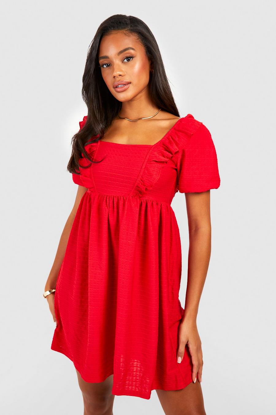 Red Textured Ruffle Smock Dress
