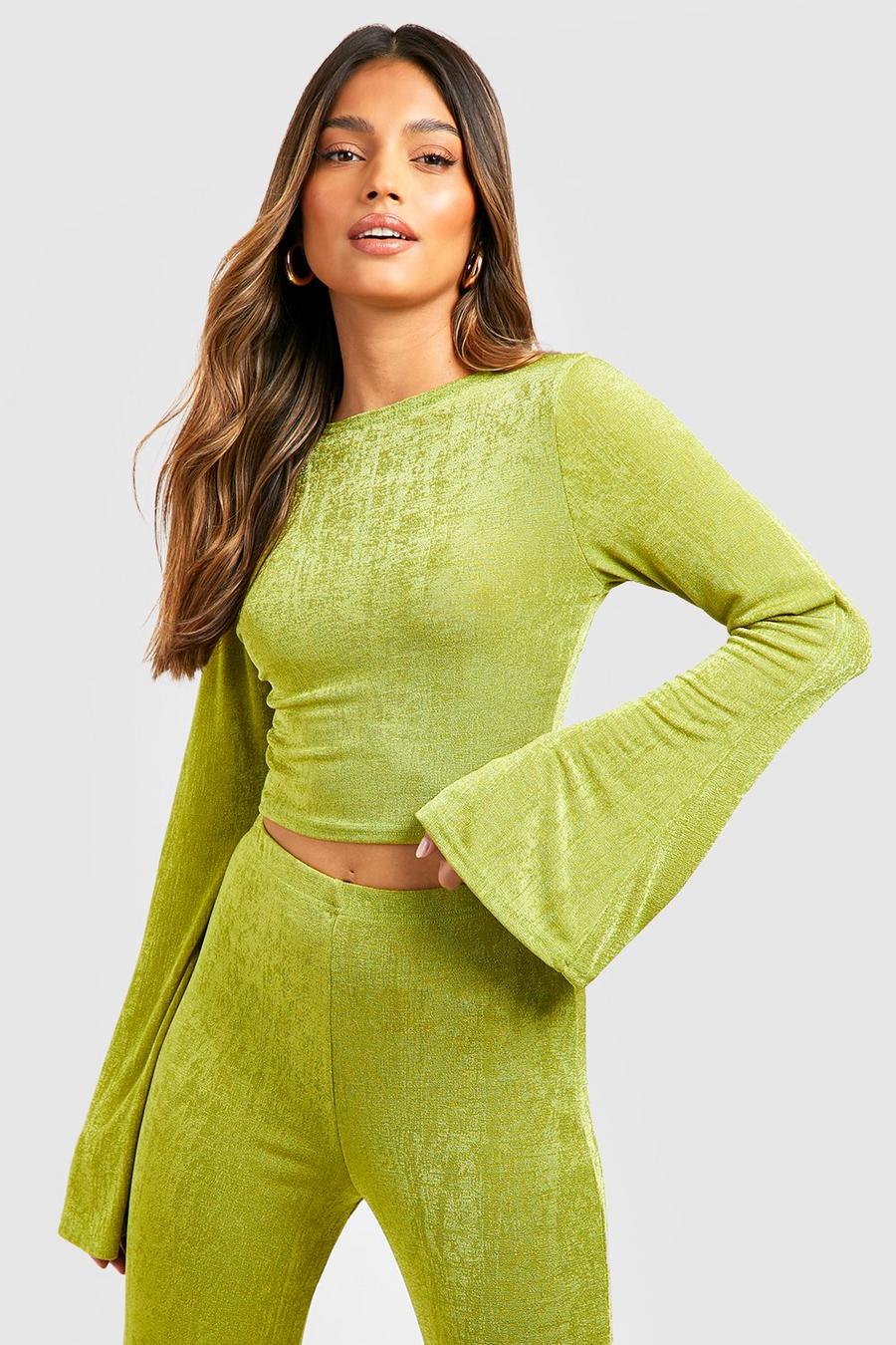 Chartreuse Acetate Slinky Flared Sleeve Top
