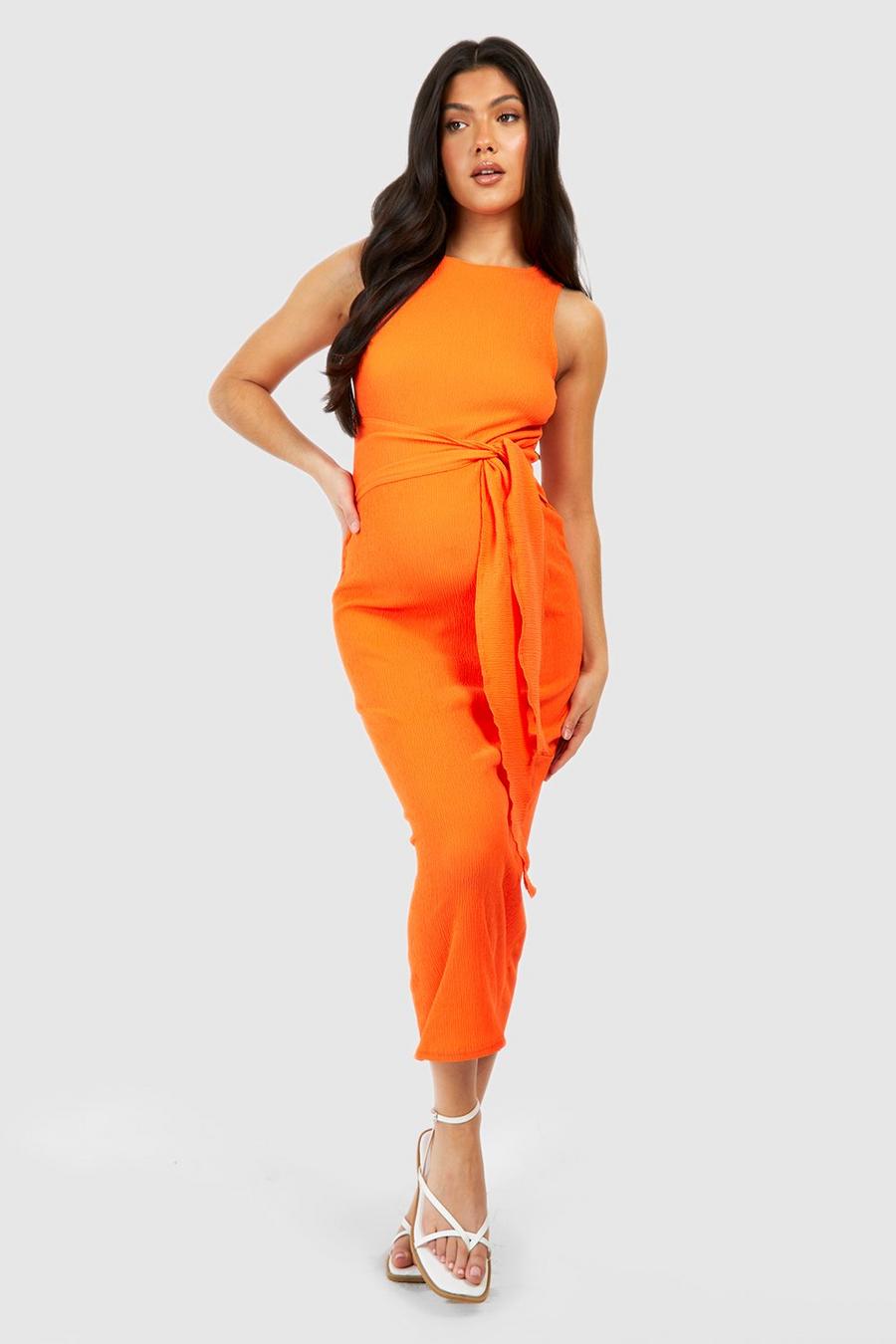Orange Maternity Textured Belted Midi Dress