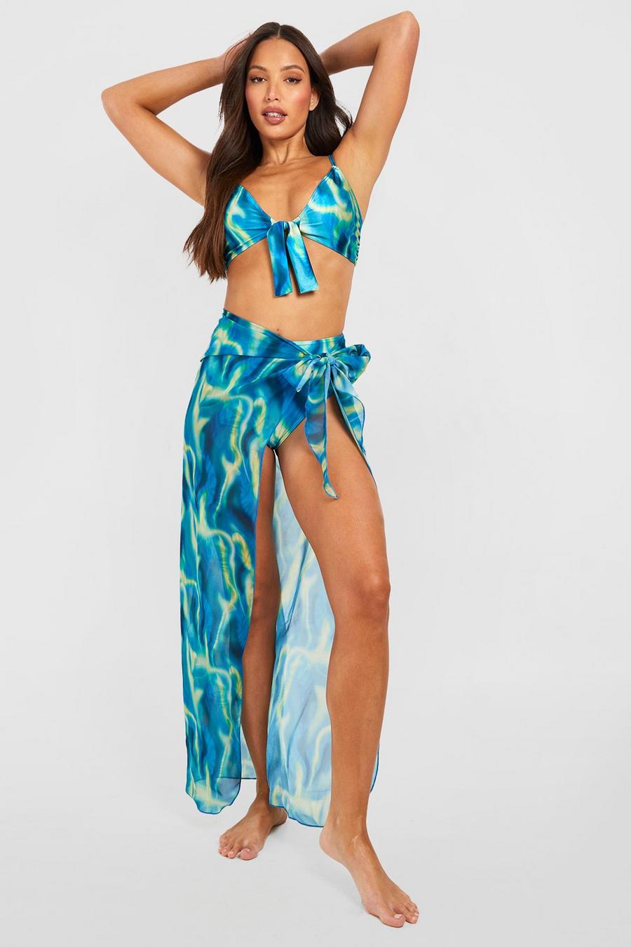 Tall geschnürter Bikini mit abstraktem Print und hohem Bund, Blue image number 1