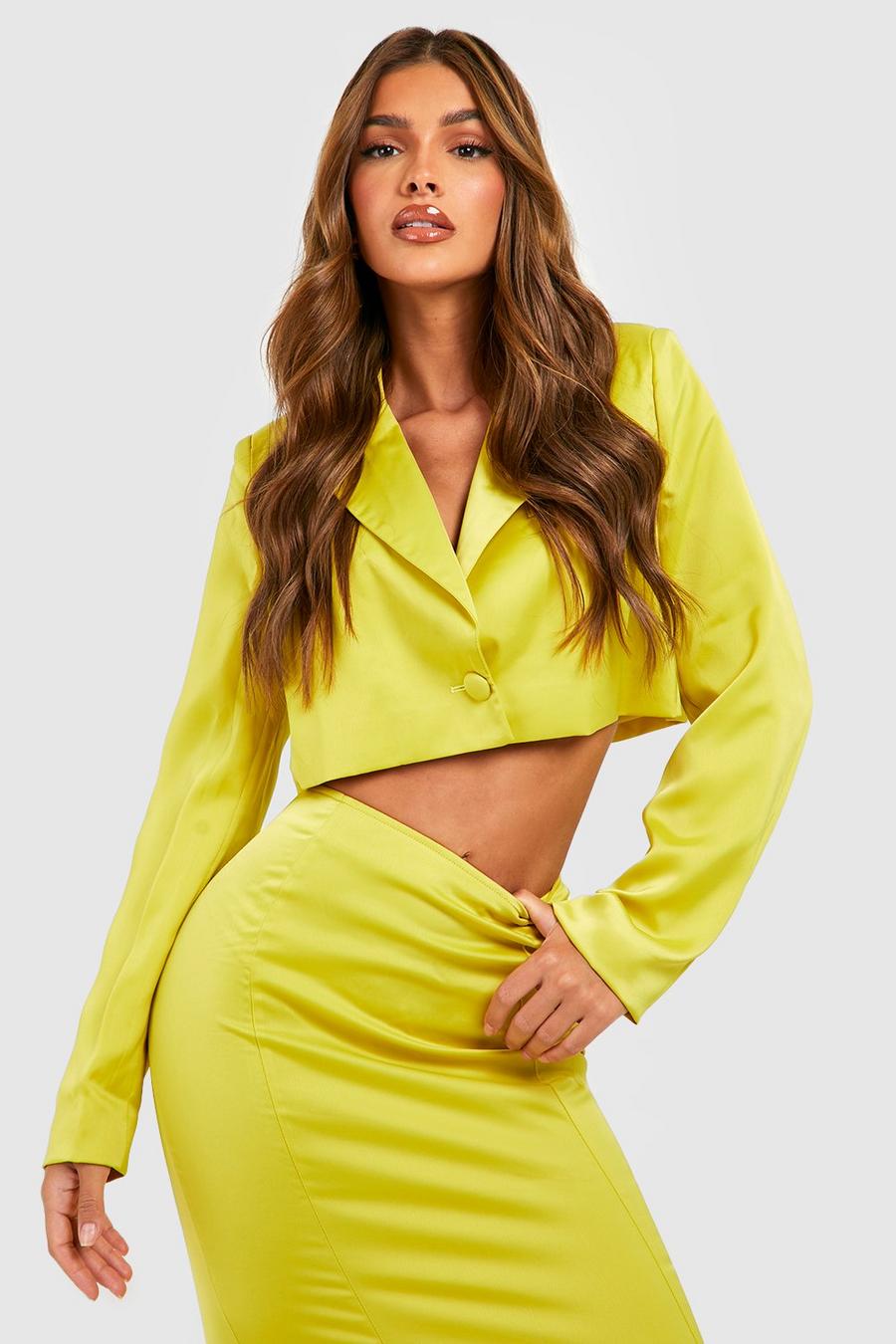 Chartreuse Matte Satin Cropped Tailored Blazer image number 1