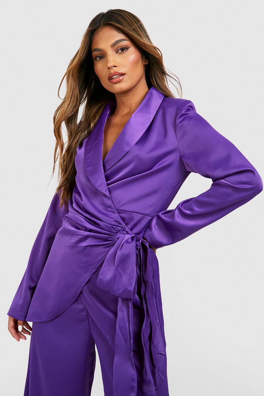 Jewel purple Matte Satin Drape Front Belted Shirt 