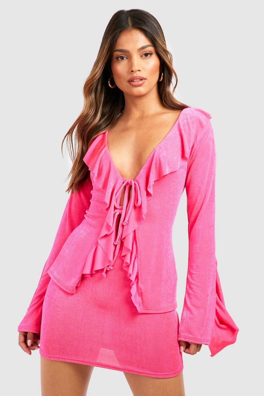 Hot pink Textured Slinky Ruffle Shirt & Mini Skirt