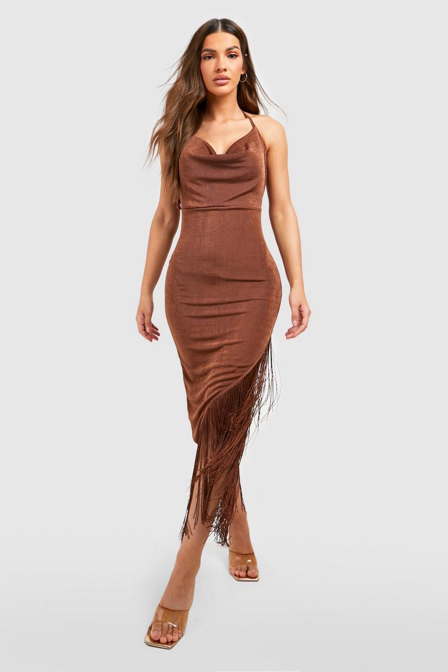 Vestido midi ceñido con borlas en el filo y escote plisado, Chocolate