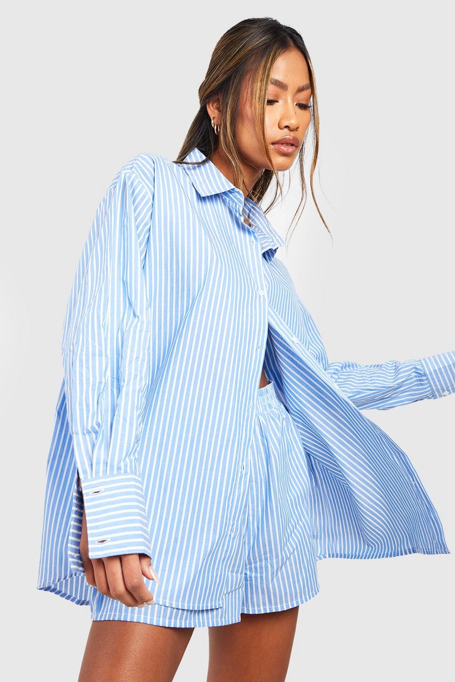 Oversize Nadelstreifen Pyjama-Hemd aus Baumwolle, Blue
