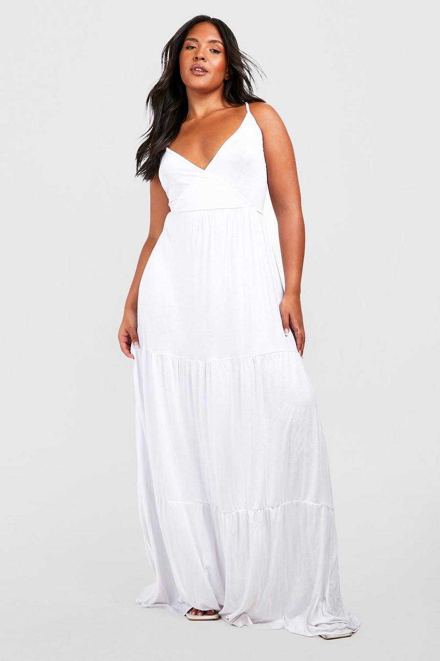 White Plus Jersey Knit Strappy Tiered Maxi Dress image number 1