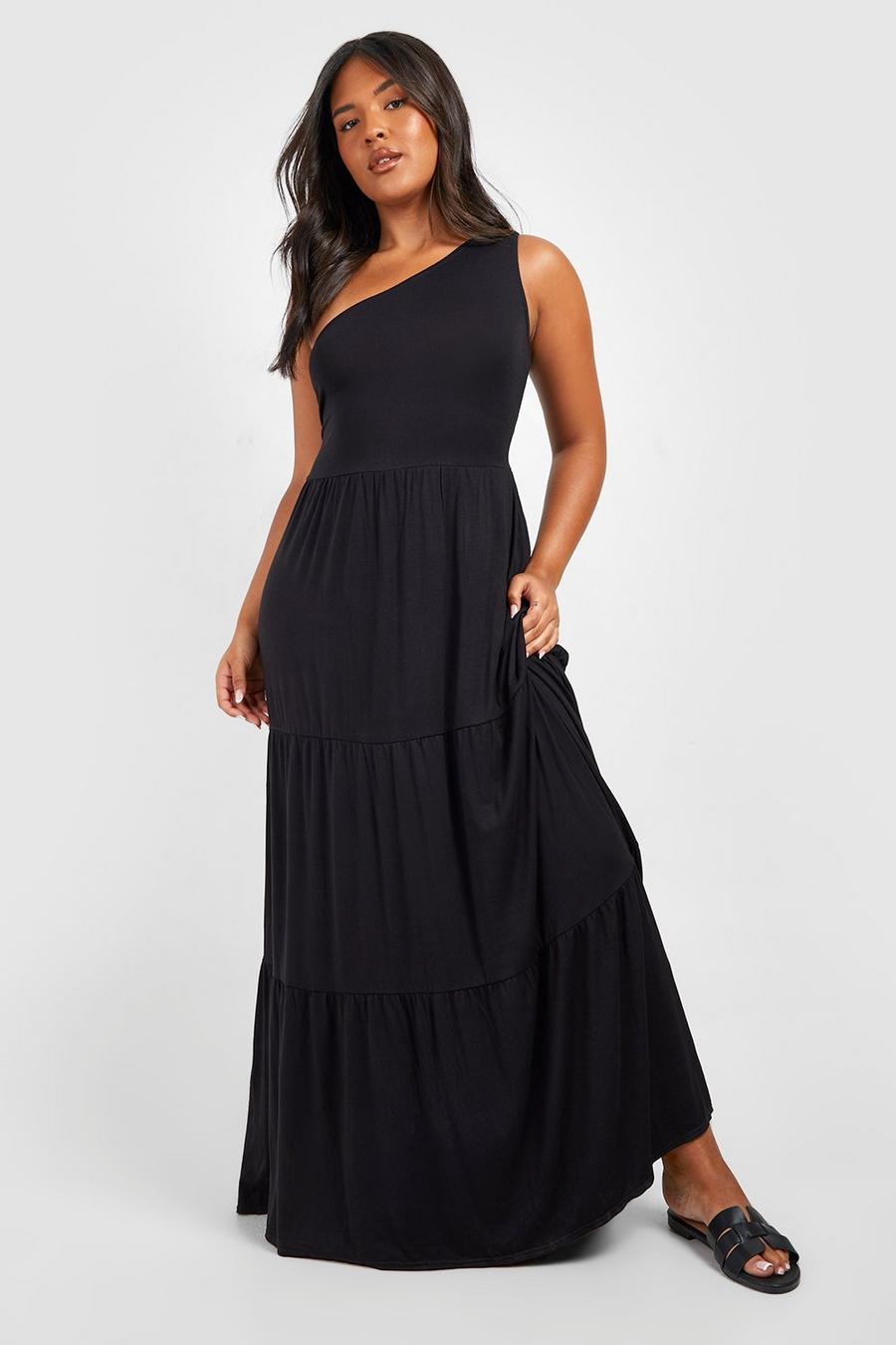Black Plus Jersey Asymmetric One Shoulder Maxi Dress