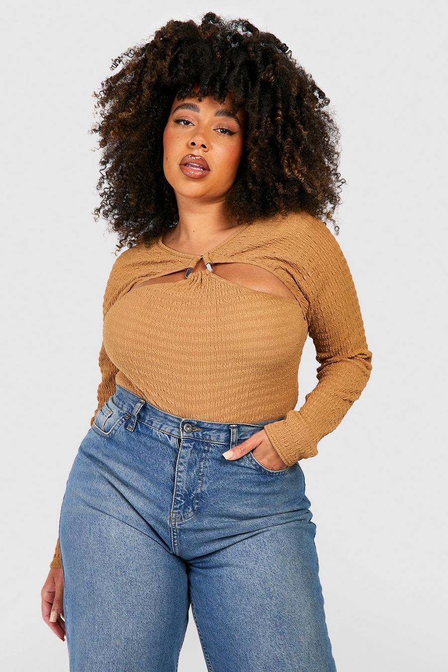 Chocolate Plus Ring Detail Textured Cut Out Bodysuit