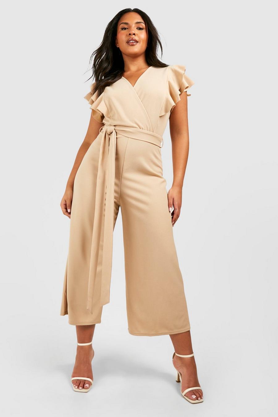 Stone Plus Ruffle Detail Belted Culotte Jumpsuit 