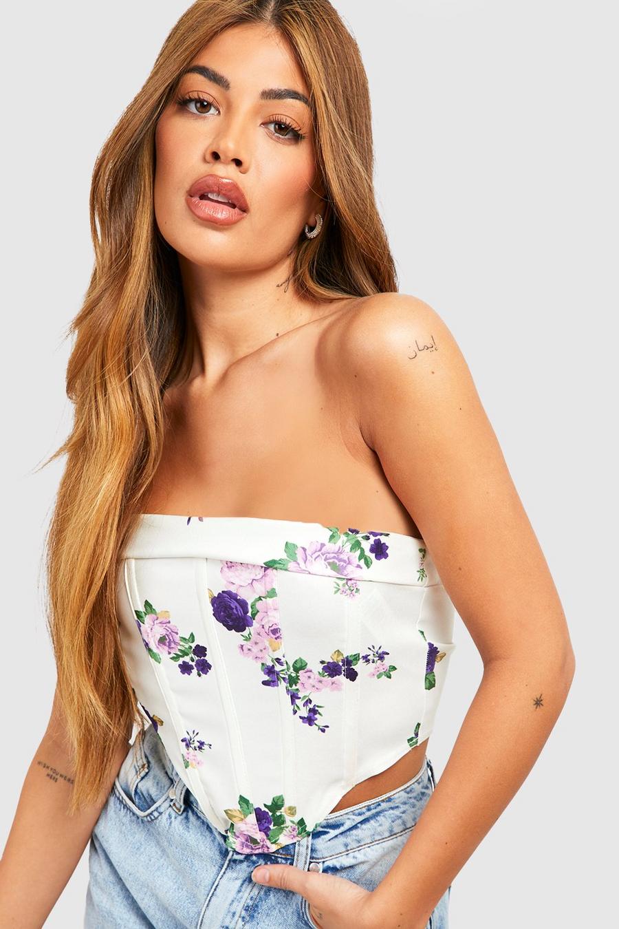 White Ditsy Floral Printed Strapless Bengaline Corset Top