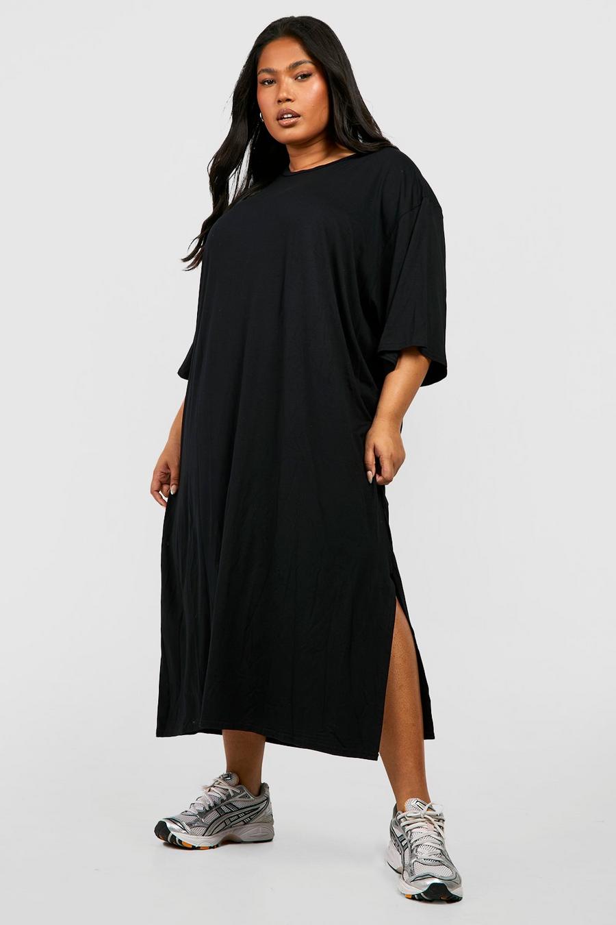 Black Plus Jersey Knit Split Midi T-Shirt Dress