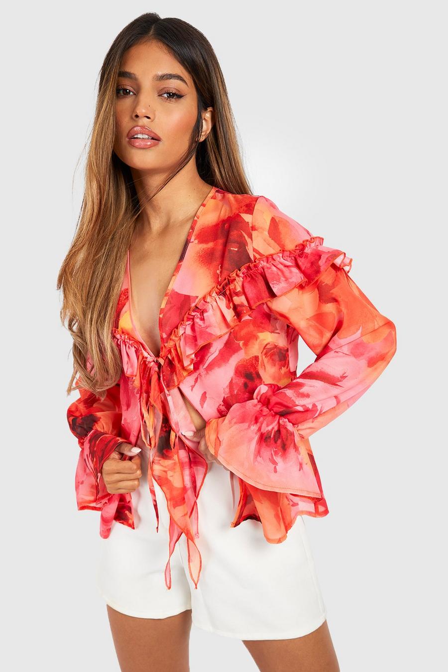 Pink Bloom Floral Ruffle Tie Detail Blouse image number 1