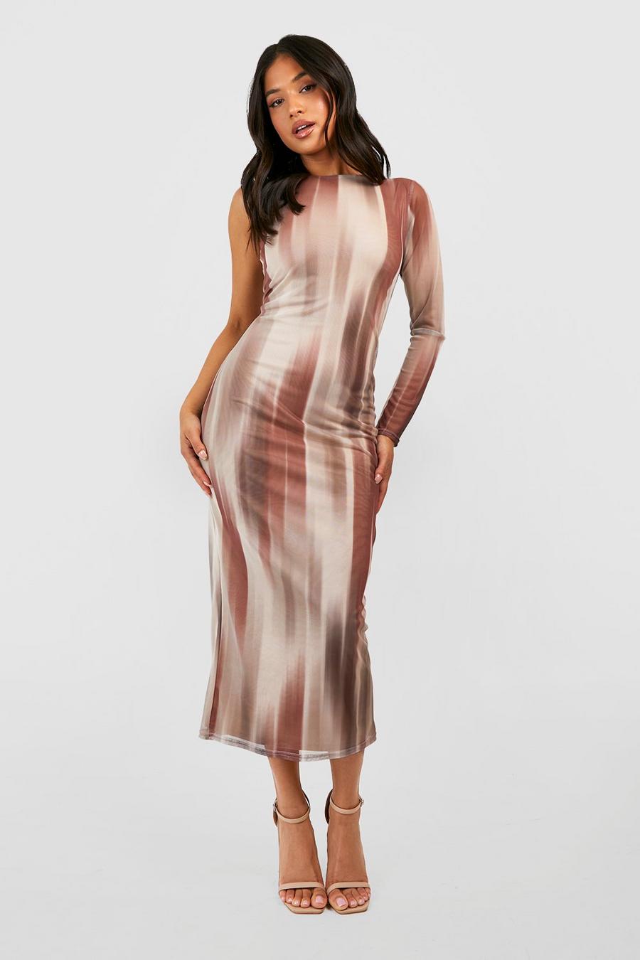 Natural Petite Abstract Mesh One Sleeve Midaxi Dress